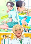  2boys akutsu_mabu ball black_hair blonde_hair blue_necktie blue_shorts blush collared_shirt green_necktie headband highres instrument male_focus multiple_boys multiple_views necktie niiboshi_reo open_mouth rectangular_eyewear sarazanmai shaaark_rotta03 sharp_teeth shirt short_hair shorts socks speech_bubble swimming tan teeth tennis_ball translation_request trombone white_headband white_socks 