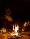 3d_(artwork) abs anthro arm_on_knee arm_on_leg artioiko black_background bottomwear campfire canid canine canis claws cloak clothed clothing death_(puss_in_boots) digital_media_(artwork) discarded_weapon dreamworks ears_up facial_markings fire fur fuzzy grey_body grey_fur head_markings hi_res leaning leaning_backward leg_wraps light looking_at_viewer male mammal markings mask_(marking) muscular muscular_anthro muscular_male night on_ground outside pants pawpads pointy_ears prick_ears puss_in_boots_(franchise) red_eyes relaxing sickle simple_background sitting smile solo spread_legs spreading stirrup_legwear stirrups wolf wrapped_legs wraps