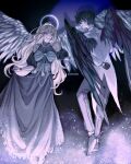  1boy 1girl :d arm_behind_back black_dress black_gloves black_wings blonde_hair clenched_hand clothes_lift clothing_cutout coat corset dancing dress dress_lift drop_shadow evie_(baoxiao) feathered_wings full_body gloves grin halo halo_behind_head hetero highres holding_hands jewelry kim_dokja light_particles long_hair looking_at_another moon_behind_head necklace omniscient_reader&#039;s_viewpoint pearl_necklace shoulder_cutout smile snow uriel_(omniscient_reader&#039;s_viewpoint) very_long_hair white_coat white_wings wings 