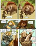 2025 absurd_res animal_behavior anthro armor bird_dog blep blonde_hair bodily_fluids brown_body brown_fur canid canine canis ceehaz clothing comic dialogue dobermann dog_knight_rpg domestic_dog english_text female feral fur golden_retriever group hair herding_dog hi_res hunting_dog jeane_(ceehaz) mammal nervous nervous_sweat nix_(ceehaz) pastoral_dog paw_pose pinscher pose retriever rory_(ceehaz) scared sitting sitting_on_ground suid suine sus_(pig) sweat tan_body tan_fur text tongue tongue_out tusks welsh_corgi wild_boar
