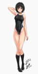  1girl absurdres amagami arm_behind_head arm_up armpits ass_visible_through_thighs bare_arms black_choker black_eyes black_hair black_one-piece_swimsuit black_socks blue_one-piece_swimsuit breasts choker closed_mouth commentary_request competition_swimsuit dated full_body hair_between_eyes highleg highleg_one-piece_swimsuit highres japanese_clothes kimono kneehighs large_breasts looking_at_viewer nanasaki_ai no_shoes one-piece_swimsuit one-piece_tan open_mouth short_hair signature simple_background smile socks solo standing swimsuit tan tanlines thigh_gap two-tone_one-piece_swimsuit white_background wide_sleeves yoo_tenchi yukata 
