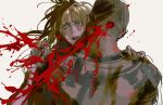  1boy 1girl black_lips blonde_hair blood blood_spray disco_elysium ellis_kortenaer gunshot_wound hand_on_another's_shoulder highres injury klaasje_amandou long_hair looking_up mimulishizi short_hair simple_background upper_body white_background yellow_eyes 