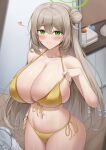  1girl bare_arms bikini bikini_pull blue_archive blush breasts brown_hair cleavage closed_mouth clothes_pull collarbone commentary curvy doorway green_eyes green_halo hair_bun halo heart highres huge_breasts indoors lazb. long_hair looking_at_viewer navel nonomi_(blue_archive) nonomi_(swimsuit)_(blue_archive) official_alternate_costume side-tie_bikini_bottom sidelocks sink skindentation smile solo standing swimsuit very_long_hair wooden_floor yellow_bikini 
