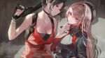  2girls absurdres ada_wong bare_shoulders beret black_choker black_gloves black_hair black_hat black_jacket black_shirt bracelet breasts brown_eyes brown_hair choker cleavage collarbone commentary_request crossover dolechan dress finger_on_trigger gloves goddess_of_victory:_nikke gun hair_between_eyes hand_on_another's_chin handgun harness hat highres holding holding_gun holding_weapon holster jacket jewelry large_breasts long_hair looking_at_another multiple_girls necktie open_clothes open_jacket parted_bangs parted_lips rapi_(nikke) red_dress red_gloves red_necktie resident_evil shadow shirt short_hair shoulder_holster sidelocks smile standing sweat two-tone_gloves underbust upper_body weapon 