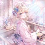  1girl absurdres ahoge blonde_hair blue_eyes blush bow bowl chopsticks closed_mouth flower food from_side hair_flower hair_ornament highres holding holding_chopsticks indoors japanese_clothes kengdeji kimono large_variant_set long_sleeves looking_at_viewer noodles obi original petals pink_kimono sash short_hair sitting smile solo variant_set wide_sleeves window 