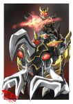  1boy arcle_(kuuga) armor bodysuit border commentary fire gouram helmet highres horns kamen_rider kamen_rider_kuuga kamen_rider_kuuga_(series) kamen_rider_kuuga_(ultimate_form) male_focus motor_vehicle motorcycle multiple_horns pyrokinesis red_eyes rider_belt signature solo spikes taiga_hiroyuki white_border 