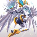  1girl ass blue_eyes blue_gemstone breasts expressionless floating from_behind full_body gem glint grey_background high_heels highres humanoid_robot joints looking_at_viewer looking_back mechanical_wings medarot medium_breasts narrow_waist no_mouth no_nose original robot robot_girl robot_joints sideways_glance solo sparkle wide_hips winged_arms wings yoyoyoyoyo_(turuse) 