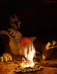 3d_(artwork) abs anthro arm_on_knee arm_on_leg artioiko balls black_background bottomless campfire canid canine canis casual_erection casual_exposure claws cloak clothed clothing death_(puss_in_boots) digital_media_(artwork) discarded_weapon dreamworks ears_up erection facial_markings fire fur fuzzy genitals grey_body grey_fur head_markings hi_res humanoid_genitalia humanoid_penis inviting leaning leaning_backward leg_wraps light lighting looking_at_viewer male mammal markings mask_(marking) muscular muscular_anthro muscular_male night on_ground outside partially_clothed pawpads penis pointy_ears presenting prick_ears puss_in_boots_(franchise) red_eyes relaxing saggy_balls sickle simple_background sitting smile solo spread_legs spreading stirrup_legwear stirrups vein veiny_penis wolf wrapped_legs wraps