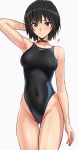  1girl amagami arm_behind_head arm_up armpits ass_visible_through_thighs bare_arms black_choker black_eyes black_hair black_one-piece_swimsuit blue_one-piece_swimsuit breasts choker closed_mouth competition_swimsuit cowboy_shot hair_between_eyes highleg highleg_one-piece_swimsuit highres japanese_clothes kimono kneehighs large_breasts looking_at_viewer nanasaki_ai no_shoes one-piece_swimsuit one-piece_tan open_mouth short_hair simple_background smile socks solo standing swimsuit tan tanlines thigh_gap two-tone_one-piece_swimsuit white_background wide_sleeves yoo_tenchi yukata 