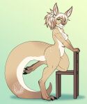 anthro breasts chair claws female fur furniture gloves_(marking) green_background green_eyes hair hi_res kangaroo looking_at_viewer macropod mammal markings marsupial nipples nude nude_female pouch_(anatomy) simple_background solo tail tan_body tan_fur thecatnamedfish thick_tail toe_claws