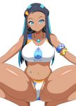  1girl absurdres aikometsu aqua_hair armband armlet ass_visible_through_thighs bare_legs bikini bikini_bottom blue_eyes blue_hair breasts cameltoe cleavage commentary crop_top dark_skin earrings eyelashes eyeshadow groin hair_bobbles hair_ornament highres hoop_earrings jewelry large_breasts long_hair looking_at_viewer makeup midriff multicolored_hair navel necklace partially_visible_vulva pendant pokemon pokemon_(game) pokemon_swsh rurina_(pokemon) simple_background solo spread_legs squatting swimsuit tank_top thick_thighs thighs two-tone_hair white_background white_bikini white_tank_top 