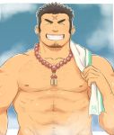  1boy bara beard brown_hair chest chest_hair facial_hair facing_viewer forehead_scar male_focus manly muscle nipples oniwaka_(tokyo_houkago_summoners) pectorals simple_background solo tokyo_houkago_summoners upper_body yanutorie 