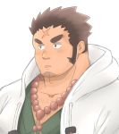  1boy beard blush brown_hair chest chest_hair close-up facial_hair forehead_scar hood looking_to_the_side male_focus manly muscle oniwaka_(tokyo_houkago_summoners) pectorals simple_background solo tokyo_houkago_summoners upper_body yanutorie 
