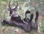  2020 antelope anthro black_body black_fur bovid brown_body brown_fur caribou_(artist) cloven_hooves dark_eyes digital_media_(artwork) fingers fur gloves_(marking) green_eyes grey_body grey_fur grey_horn grey_nose hooves horn inner_ear_fluff leg_markings looking_at_viewer looking_back looking_back_at_viewer lying male mammal markings multicolored_body multicolored_fur nude on_front reduncine socks_(marking) solo tail_tuft tan_body tan_fur tuft waterbuck white_body white_fur 