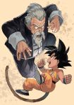  2boys arms_at_sides beard black_eyes black_footwear black_hair chinese_clothes clenched_hands clothes_writing dougi dragon_ball dragon_ball_(classic) facial_hair full_body hankuri jackie_chun long_sleeves male_focus monkey_tail multiple_boys mustache muten_roushi old_man open_mouth serious shirt simple_background son_gokuu spiked_hair tail teeth thick_eyebrows v-shaped_eyebrows white_hair wrinkles 