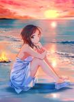  1girl bare_shoulders beach blue_eyes cloud cloudy_sky dress evening fire highres looking_at_viewer ocean original outdoors sky solo sunset tiv water white_dress white_footwear 