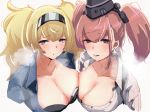  2girls asymmetrical_docking atlanta_(kantai_collection) bangs black_headwear blonde_hair blue_eyes blue_shirt blush breast_press breasts brown_hair cleavage cropped_torso earrings eyebrows_visible_through_hair gambier_bay_(kantai_collection) garrison_cap grey_background hairband hat headgear highres jewelry kantai_collection kasoku_souchi large_breasts long_hair multiple_girls shirt simple_background single_earring star_(symbol) star_earrings steam sweat symmetrical_docking twintails two_side_up upper_body 