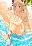  1girl ankle_strap bare_shoulders barefoot beach bikini blonde_hair breasts collarbone commentary_request day earrings ereshkigal_(fate/grand_order) fate/grand_order fate_(series) hair_ribbon highres holding_shell jewelry long_hair matatabi_kikuno ocean partially_submerged red_eyes red_ribbon ribbon seashell shell sitting small_breasts solo swimsuit very_long_hair white_bikini 