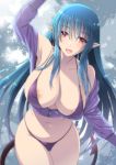  1girl areola_slip areolae arm_up armpits bangs bare_shoulders bikini blue_hair breasts collarbone covered_nipples cropped_jacket demon_girl demon_tail eyebrows_visible_through_hair fang forest hair_over_eyes jacket kuroda_akimi large_breasts leaning_forward long_hair looking_at_viewer micro_bikini nature navel off_shoulder open_clothes open_jacket open_mouth original pointy_ears purple_bikini purple_jacket red_eyes smile solo swimsuit tail very_long_hair zipper 