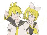  1boy 1girl aqua_eyes arm_warmers bangs bass_clef black_collar blonde_hair bow collar commentary hair_bow hair_ornament hairclip index_finger_raised kagamine_len kagamine_rin looking_at_viewer nail_polish neckerchief necktie one_eye_closed sailor_collar school_uniform shirt short_hair short_ponytail short_sleeves skc smile spiked_hair swept_bangs upper_body vocaloid white_bow white_shirt yellow_nails yellow_neckwear 