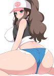  1girl aikometsu ass back bare_legs baseball_cap blue_eyes blue_shorts blush breasts brown_hair cameltoe commentary covered_nipples crop_top denim denim_shorts from_behind hat highres large_breasts long_hair looking_at_viewer looking_back parted_lips partially_visible_vulva poke_ball_symbol pokemon pokemon_(game) pokemon_bw ponytail shirt short_shorts shorts simple_background sitting solo sweatdrop thick_thighs thighs touko_(pokemon) wariza white_background white_headwear white_shirt 
