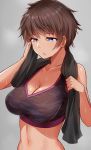  1girl blue_eyes breasts bright_pupils brown_hair cleavage collarbone eyebrows_visible_through_hair grey_background large_breasts moruta_(sunu-pio) navel original parted_lips short_hair simple_background solo sweat towel towel_around_neck upper_body white_pupils 