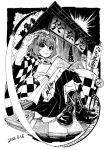  1girl apron blackcat_(pixiv) book boots character_name checkered checkered_kimono cross-laced_footwear crossed_legs dated eyebrows_visible_through_hair greyscale hair_between_eyes japanese_clothes kimono lace-up_boots long_sleeves looking_at_viewer monochrome motoori_kosuzu no_smoking short_hair smile solo touhou translation_request 