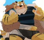  2020 anthro blush bodily_fluids bottomwear brown_body brown_fur clothing felid fur genitals group hyaku_(artist) kemono male mammal overweight overweight_male pantherine paws penis shorts sport sweat tiger underwear ursid yellow_body yellow_fur 