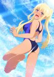  1girl ass barefoot blonde_hair blue_eyes blue_sky blue_swimsuit blush cloud commentary_request competition_swimsuit dutch_angle from_behind highres lens_flare long_hair looking_at_viewer looking_back one-piece_swimsuit open_mouth original running shirouzu_myuuta sky solo splashing swimsuit wavy_mouth 