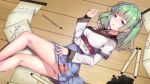  1girl ass bangs breasts brush calligraphy_brush green_hair highres japanese_clothes long_hair looking_at_viewer lying medium_breasts on_side original paintbrush parted_lips purple_eyes scallion15 solo tagme wooden_floor 