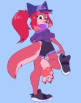  4_toes anthro baseball_cap blue_background bottomwear canid canine canis clothing feet female foot_focus footwear fur hair hat headgear headwear hotbrotcafe humanoid_feet mammal pawpads pink_body pink_fur pink_hair ponytail shoes shorts simple_background solo toes wolf 