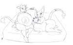  absurd_res anthro anthro_on_anthro badgerben bed big_breasts bodily_fluids bovid bovine breast_grab breasts cattle digimon digimon_(species) duo female female/female furniture gatomon hand_on_breast hi_res huge_breasts hyper hyper_breasts lactating mammal monochrome nipples nude 