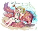  1girl beach bikini bugle granblue_fantasy green_hair harvin instrument kazana_(sakuto) lying mimlememel music musical_note navel on_back playing_instrument pointy_ears ponytail purple_eyes sea_turtle signature swimsuit turtle 