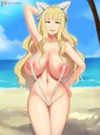  1girl arm_up artist_name beach blonde_hair blue_eyes blue_sky bow breasts charlotte_(fire_emblem) day devilukez fire_emblem fire_emblem_fates hair_bow large_breasts long_hair nipples open_mouth outdoors sky slingshot_swimsuit solo swimsuit water white_bow 