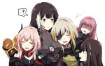  5girls ? bangs black_coat black_hair blonde_hair blush breast_lift breast_pillow breasts brown_eyes closed_eyes coat dinergate_(girls_frontline) dress eyebrows_visible_through_hair eyepatch girls_frontline gloves grabbing green_hair grey_hair head_on_chest headset heterochromia highres id_card jacket lanyard lix long_hair m16a1_(girls_frontline) m16a1_(girls_frontline)_(boss) m4_sopmod_ii_(girls_frontline) m4a1_(girls_frontline) megaphone mod3_(girls_frontline) mole mole_under_eye multicolored_hair multiple_girls off_shoulder pink_hair ponytail pouch purple_hair red_eyes red_hair ro635_(dinergate) ro635_(girls_frontline) sangvis_ferri scar shirt sidelocks silver_hair sleeveless st_ar-15_(girls_frontline) streaked_hair surprised sweatdrop sweater sweater_dress turtleneck turtleneck_sweater white_background white_hair yellow_eyes yellow_jacket yuri 