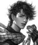  1boy battle_tendency cdash817 face fingerless_gloves gloves greyscale jojo_no_kimyou_na_bouken joseph_joestar_(young) looking_at_viewer male_focus monochrome portrait scarf simple_background solo striped upper_body watermark white_background 
