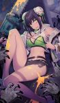  1girl bare_shoulders bikini black_hair breasts chainsaw chainsaw_of_the_dead cleavage craft_essence double_bun fate/grand_order fate_(series) green_eyes medium_breasts midriff navel official_art open_mouth qin_liangyu_(fate) saitou_hiroki shorts sitting solo star_(symbol) stomach swimsuit 
