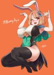  1girl animal_ears armpits asanagi bangs black_legwear blonde_hair blush breasts bunny_ears bunny_pose capelet english_commentary full_body hair_ornament huge_breasts indie_virtual_youtuber no_shoes nose_blush o-ring one_eye_closed open_mouth orange_background orange_eyes short_hair signature simple_background sleeveless solo thighhighs thighs twitter_username underboob underboob_cutout upper_teeth virtual_youtuber 