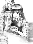  2girls akagi_(kantai_collection) bangs bowl chopsticks eating food head_out_of_frame holding holding_bowl holding_chopsticks japanese_clothes kaga_(kantai_collection) kantai_collection kurou_(bcrow) long_hair monochrome multiple_girls muneate noodles simple_background smile table tasuki 