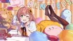  anniversary balloon bed doll dress highres honma_himawari lying nijisanji on_stomach short_hair smile thighhighs virtual_youtuber yumesaki_nana 