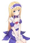  1other absurdres apron bangs between_legs blonde_hair blue_eyes blush bow chevalier_d&#039;eon_(fate/grand_order) closed_mouth commentary_request detached_sleeves dress eyebrows_visible_through_hair fate/grand_order fate_(series) flower hair_between_eyes hair_flower hair_ornament hairband hand_between_legs highres hwanhee long_hair looking_at_viewer no_shoes puffy_short_sleeves puffy_sleeves purple_dress purple_hairband purple_sleeves red_bow short_sleeves simple_background sitting sleeveless sleeveless_dress socks solo very_long_hair waist_apron wariza white_apron white_background white_flower white_legwear 