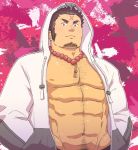  1boy bara beard brown_hair chest chest_hair facial_hair forehead_scar hood looking_at_viewer male_focus manly muscle nipples oniwaka_(tokyo_houkago_summoners) pectorals simple_background solo tokyo_houkago_summoners upper_body yanutorie 