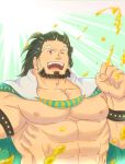  1boy arsalan_(tokyo_houkago_summoners) bara beard blonde_hair chest facial_hair green_hair highres humanization male_focus manly medium_hair multicolored_hair muscle pectorals simple_background solo tokyo_houkago_summoners upper_body yanutorie 