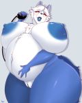  4:5 anthro astra2020 belly big_belly big_breasts blue_body blue_fur blue_lips blue_nipples blue_nose blue_pussy breasts canid canine canis curvy_figure darbo domestic_dog female fur genitals hair hi_res hourglass_figure huge_breasts husky hyper hyper_breasts inflation inflation_bulb lips looking_at_viewer mammal nipples nordic_sled_dog pussy silver_eyes solo spitz thigh_up white_body white_fur white_hair 