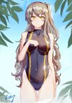  1girl absurdres black_swimsuit brown_hair casual_one-piece_swimsuit chinese_commentary commentary_request covered_navel girls_frontline gradient_sky highleg highleg_swimsuit highres impossible_clothes impossible_swimsuit looking_at_viewer one-piece_swimsuit one_side_up sky smile solo swimsuit turtleneck ump45_(girls_frontline) yellow_eyes zzq 