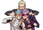  3boys abs anger_vein angry black_eyes black_gloves black_jacket black_suit blonde_hair blue_eyes blue_hair clenched_hands clenched_teeth collarbone collared_shirt constricted_pupils crooked_eyewear fingerless_gloves frown ghiaccio glasses gloves hair_between_eyes hands_up jacket jojo_no_kimyou_na_bouken long_hair long_sleeves looking_at_another looking_down mask melone mojisan_(ebimo) motion_lines multiple_boys noogie open_mouth pain prosciutto purple_hair purple_shirt red-framed_eyewear shirt short_hair shouting simple_background sweatdrop teeth upper_body v-shaped_eyebrows vento_aureo white_background white_shirt yellow_shirt 