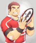  1boy bara blush brown_hair chest chest_hair facial_hair gunzo_(tokyo_houkago_summoners) highres looking_at_viewer male_focus manly muscle pectorals rugby_ball simple_background solo stubble tokyo_houkago_summoners upper_body yanutorie 