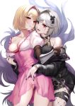  2girls aki663 alter_ego_malevolent_(granblue_fantasy) ass_visible_through_thighs bare_shoulders black_jacket black_nails black_skirt blonde_hair blouse blush brown_eyes choker collarbone djeeta_(granblue_fantasy) doppelganger dress dual_persona eyebrows_visible_through_hair eyes_visible_through_hair fighter_(granblue_fantasy) fishnet_legwear fishnets gauntlets granblue_fantasy hair_intakes hair_ornament hairband highres jacket leg_strap lipstick makeup multiple_girls pink_dress red_eyes shirt_pull simple_background skirt white_background white_hair x_hair_ornament 