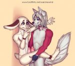  anthro blue_eyes blush brown_eyes canid canine duo fox frottage grey_hair hair hare lagomorph leporid male male/male mammal penis_rubbing predator/prey rexwind sex smile 