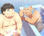 2020 anthro barely_visible_genitalia barely_visible_penis bathing bathroom belly blush chubby_protagonist_(tas) duo genitals gouryou human humanoid_hands inside kemono male male/male mammal moobs nipples overweight overweight_male penis penta002 protagonist_(tas) sitting suid suina sus_(pig) tokyo_afterschool_summoners video_games water wild_boar 